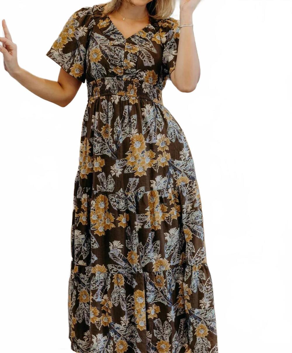 NEW MIKAROSE breezy short sleeve maxi dress in brown multi